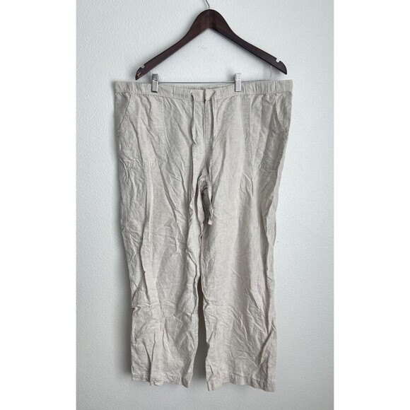 Liz Claiborne Beige Linen Blend Wide Leg Pants XL Drawstring Lagenlook Flowy - Picture 1 of 6